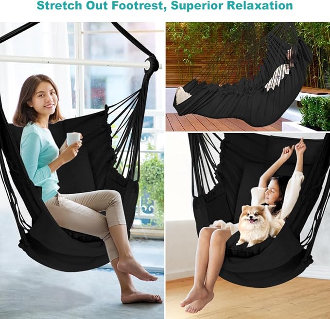 Outerman Hammock Chair, Hanging Chair with 3 Cushions and Foot Rest Support, Sturdy Metal Spreader Bar Max 500Lbs, Swing Chair for Bedroom, Indoor & Outdoor, Patio, Porch or Tree(Black)…