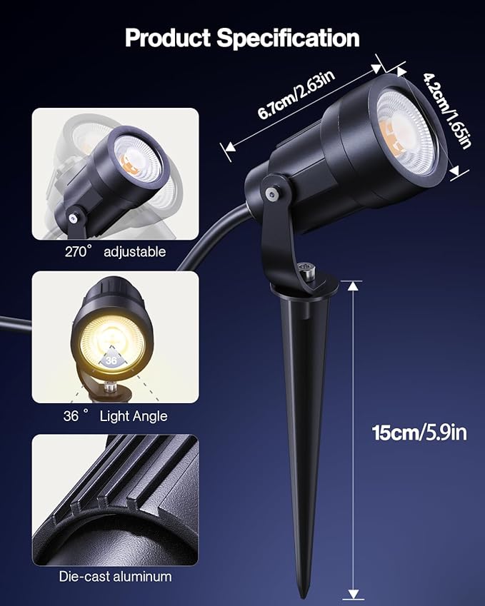 HIBOITEC LED Low Voltage Landscape Spotlights,IP65 Waterproof Outdoor Spot Lights for Yard, Plant, Lawn, Tree, Flags, House, Garden, Pathway, 2900K Warm White, 2 Pack