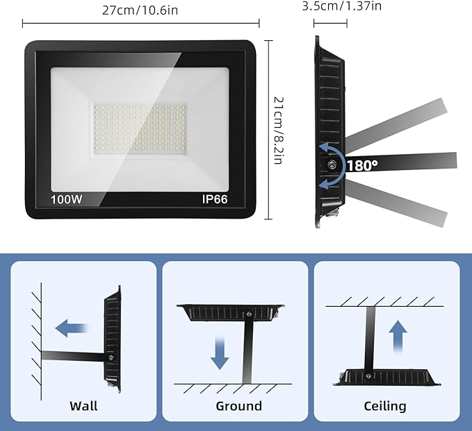 100W Flood Lights Outdoor,12000LM Bright LED Work Light,IP66 Waterproof Outdoor with Switch and 6.5FT Plug,6500K Daylight White Outside Lights for Yard,Garage,Garden,Stadium(2 Pack)