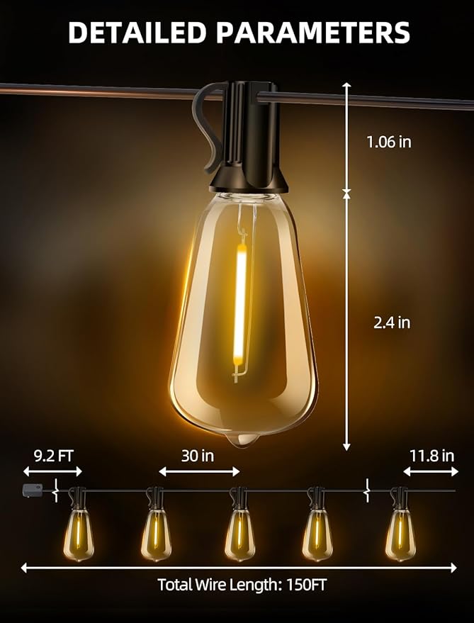 Outdoor Patio String Lights: 150Ft 45M Outside Waterproof Light - Remote Dimmable ST38 Shatterproof Bulb Connectable Hanging Outdoor Electric Lighting - Backyard Yard Gazebo Porch Party