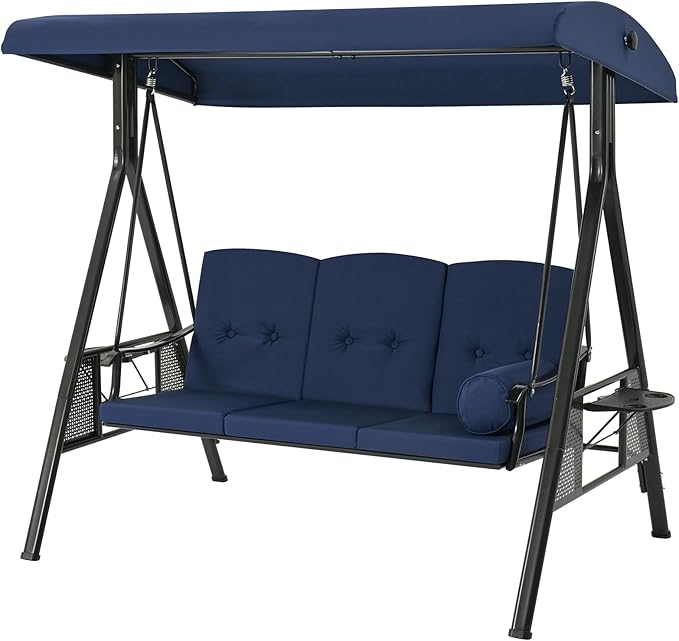 U-MAX 3-Seat Porch Swing Chair Steel Frame, Patio Swing Chair with Stand and Removable Cushions, Outdoor Canopy Swing Chair for Outside, Backyard, Garden, Deep Blue Cushion