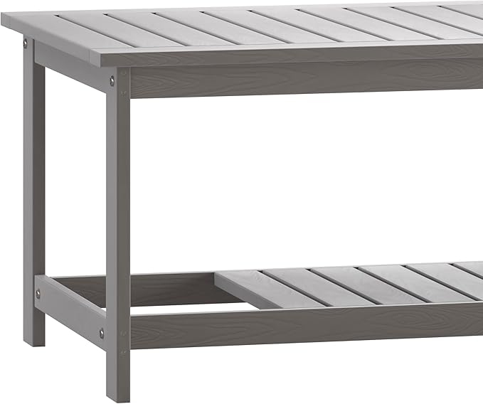 BizChair Two Tiered Commercial Grade Adirondack Coffee Table - Gray Finish Poly Resin Wood - All-Weather - Slatted Shelf Design