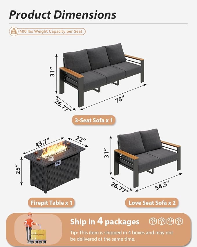 Aoxun Aluminum Outdoor Patio Furniture Set, 7 Seats Outdoor Sectional with Fire Pit Table, Patio Conversation Sets with Upgraded Armrests and Cushions for Backyard, Garden and Poolside(Dark Grey)