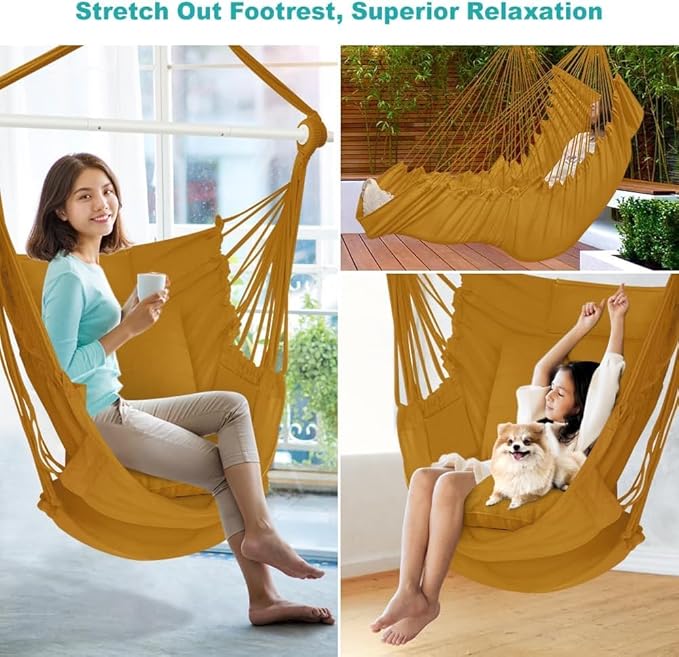 Outerman Hammock Chair, Hanging Chair with 3 Cushions and Foot Rest Support, Sturdy Metal Spreader Bar Max 500Lbs, Swing Chair for Bedroom, Indoor & Outdoor, Patio, Porch or Tree(Khaki)