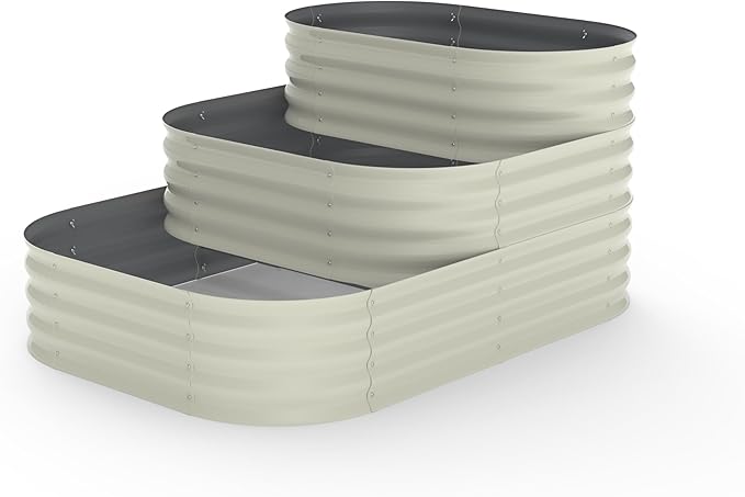 GarveeLife Galvanized Tiered Raised Garden Bed Kit with Open Base – 43x63x31.5 Oval Ground-Connected Planter for Vegetables, Herbs & Flowers (Modular 3 in-1Design),Beige