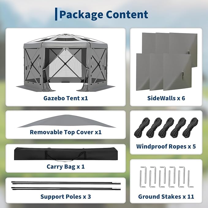 11.5x11.5FT 6-Sided Pop Up Gazebo Tent,One-Push Setup Canopy Tent with Mesh Panels & Removable Wind Cloths, Outdoor shelter for Camping, Backyard Parties, Outdoor Events - Grey