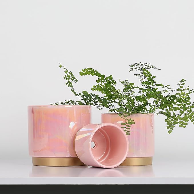 Gepege Pink Indoor Plant Pots for Plants, Ceramic Planter with Drainage Hole, 6.0 inch+5.0 Inch+4.0 Inch. Succulent Orchid Flower Pot - Rainbow Pearl Glaze