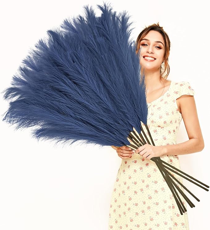 Faux Pampas Grass Stems, 8 Pack, 35 Inch Blue Silk Decor