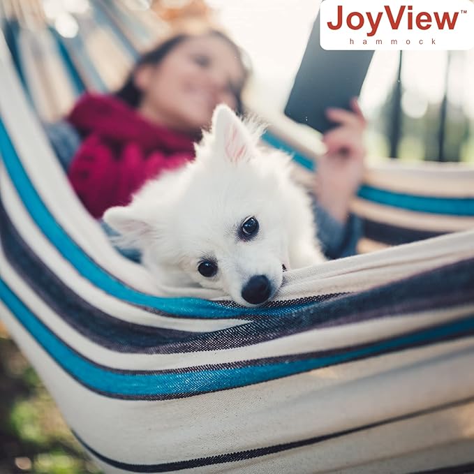 JoyView Brazilian Hammock for Single Person Portable Hammock with Hanging Ropes & Carry Bag Large 78.8x39.4” for Patio 300LBS Capacity Perfect for Outdoor/Indoor - Blue Stripes
