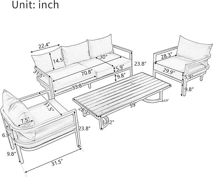 Merax 4 Piece Sectional Furniture Patio Sofa Multi-Person Outdoor Steel Sofa Set, Waterproof, Anti-Rust and Anti-uv, Suitable for Gardens and Lawns,Beige