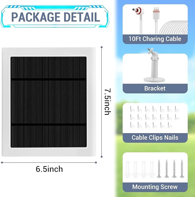 IP65 Solar Panel Outdoor for Ring Cameras (White 1P) Spotlight Cam Plus/Pro(Battery) Stick Up Cam/Pro Wireless Outdoor with 10FT/3M Long Cable Dustproof Waterproof