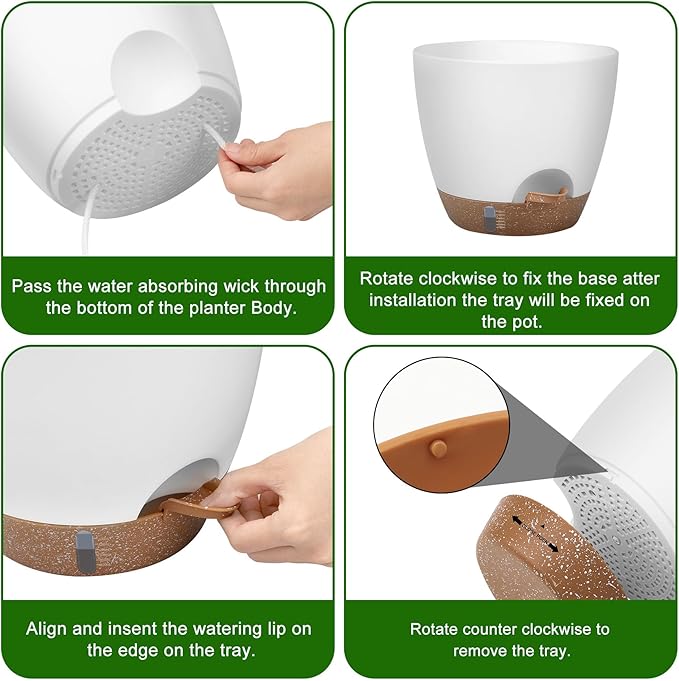 Self-Watering Plant Pots with Water Level Indicator, Drainage Holes & Saucers โ 12/10/9 Inch Large Plastic Planter Set for Indoor & Outdoor Plants (White)