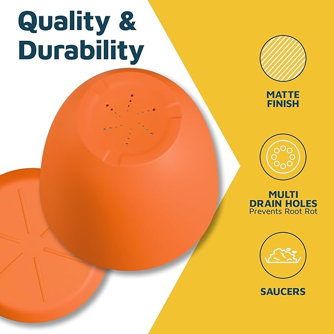 Yellow Plant Pots with Drainage Holes & Saucers 10 Pack, Indoor & Outdoor Stackable Space-Saving Planters for Houseplants & Flowers, (7", 6.7", 6", 5.3", and 4.8" Inches), Durable & Weatherproof