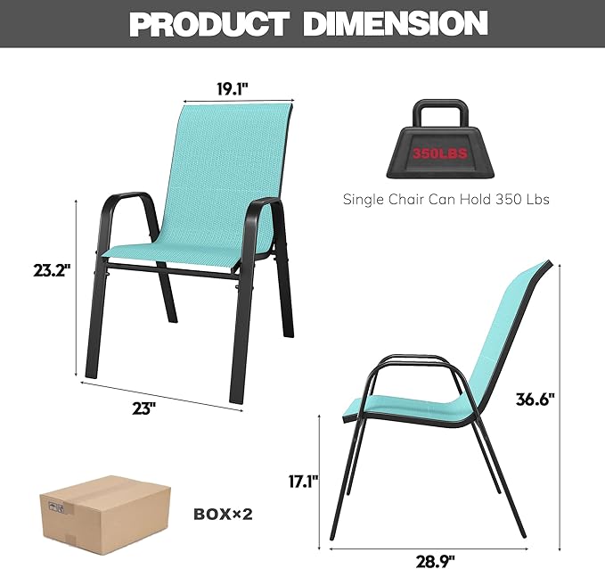 Patio Dining Chairs, Set of 8 Stackable Textilene Mesh in Light Blue