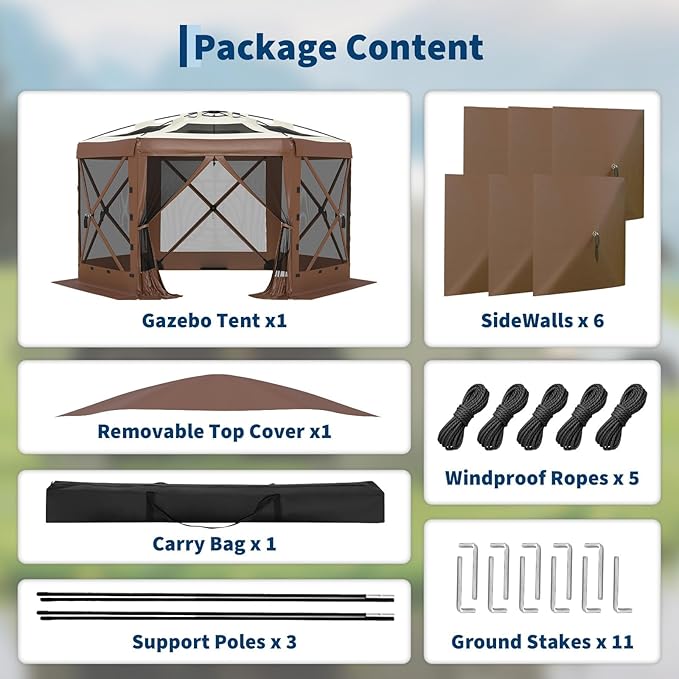 13x13FT 6-Sided Pop Up Gazebo Tent,One-Push Setup Canopy Tent with Removable Canopy Top & Wind Cloths, Outdoor shelter for Camping, Backyard Parties, Outdoor Events - Beige & Khaki