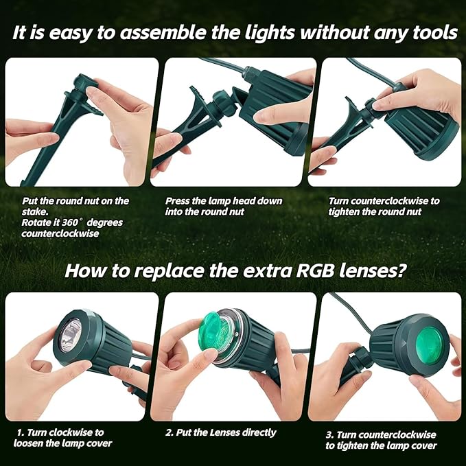 Spotlight Outdoor – 120V Plug-in, 2700K Warm White LED Landscape Spot Lights with RGB 3 Lenses for Yard, Garden, Lawn&Tree Decor, IP67 Waterproof, Perfect for Holidays&Everyday (4 Pack, Green)