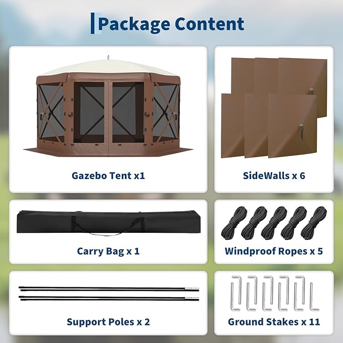 11.5x11.5FT 6-Sided Pop Up Gazebo Tent,One-Push Setup Canopy Tent with Mesh Panels & Removable Wind Cloths, Outdoor shelter for Camping, Backyard Parties, Outdoor Events - Beige & Khaki