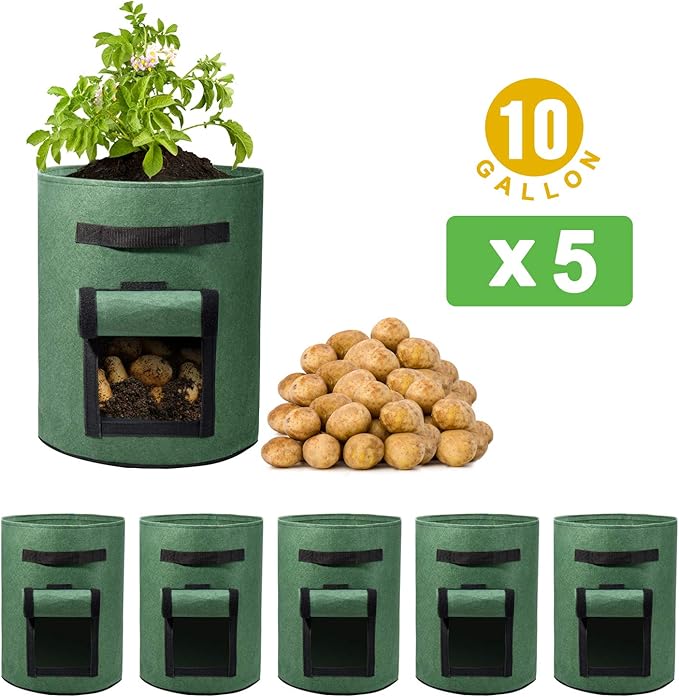 Delxo 5 Pack 10 Gallon Potato Grow Bags, Garden Planting Growing Bag with Flap, Double Layer Breathable Nonwoven Cloth for Potatoes/Planter/Vegetable/Tomato Fabric Pots with Handles Green