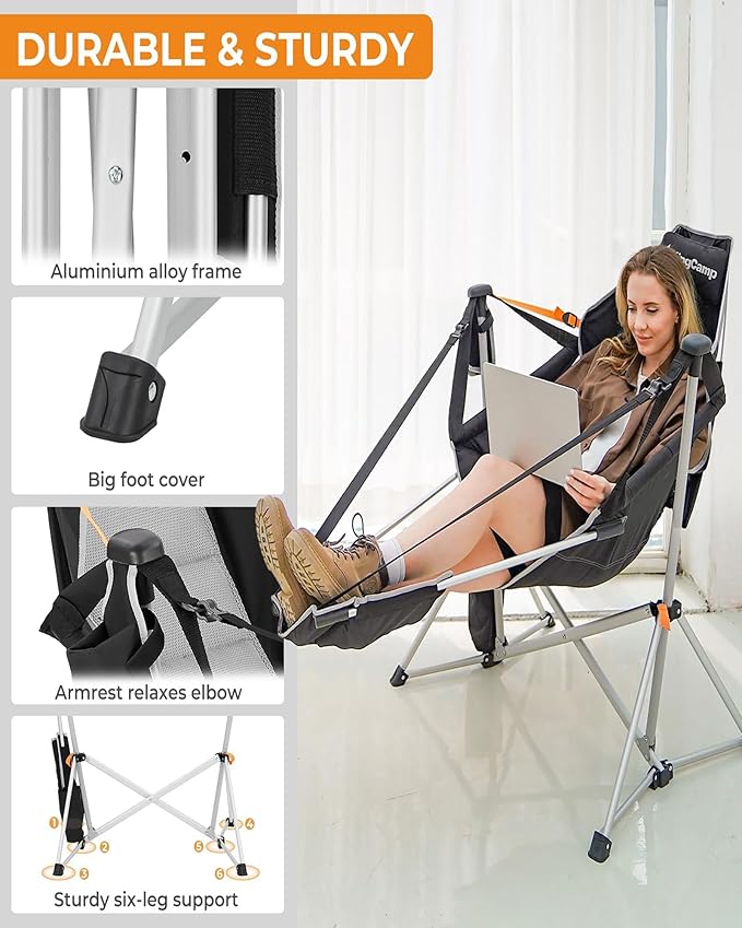 KingCamp Hammock Chair with Footrest – Heavy Duty Swinging Rocking Camping Chairs for Adults up to 400lbs, Folding Portable Oversized Rocker with Cup Holder & Pillow for Outdoor Beach Lawn RV Sports