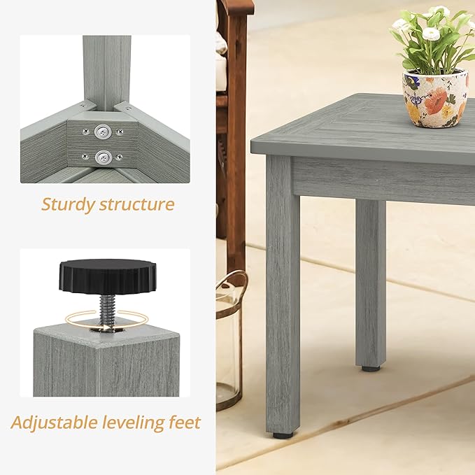 LUE BONA Outdoor Coffee Table Rectangle, HDPS Patio Coffee Tables for Outside, All Weather Patio Coffee Table with Slatted Tabletop for Deck, Garden, Balcony, Indoor or Outdoor Use, Light Gray