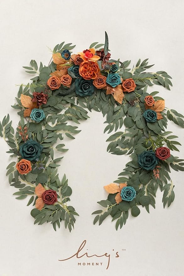 Artificial Flower Garland 6 Ft Eucalyptus and Rose, Dark Teal & Burnt Orange