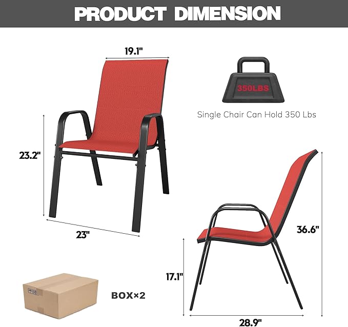 Patio Dining Chairs, Stackable Set of 4 in Red with Steel Frame