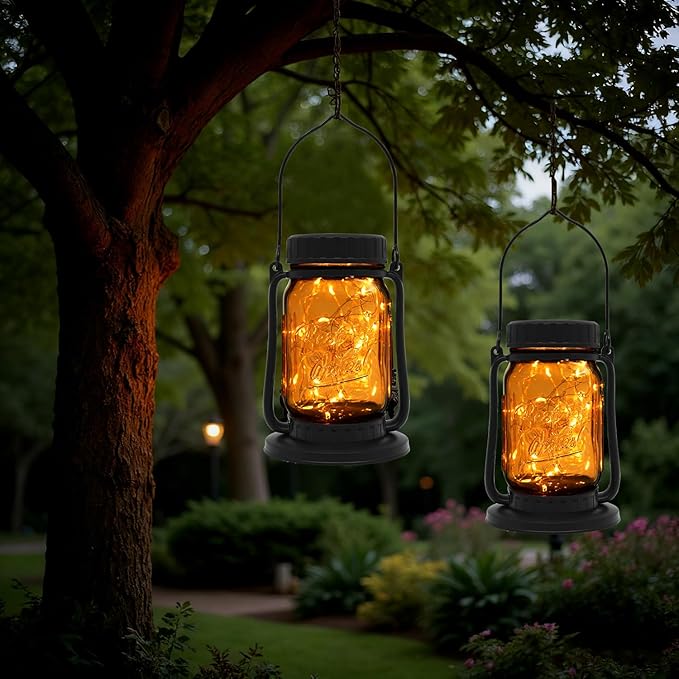 Solar Lanterns, Brown Glass Mason Jar Style, 30 Warm White Lights