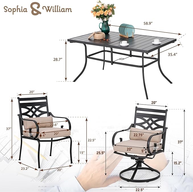 Sophia and William Outdoor Patio Dining Set for 6, Outdoor Table and Chairs, Removable Seat Cushions, 4 Fixed,2 Swivel Chairs, 59" Black Patio Dining Table