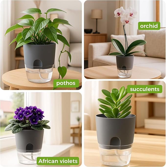 5 Pack Self Watering Pots for Indoor Plants, PlanterHoma 4 Inch Plant Pot Plastic Self Watering Planter for Orchid, African Violet, Small Clear Flower Pots with Drainage Holes and Wicking Rope, Grey