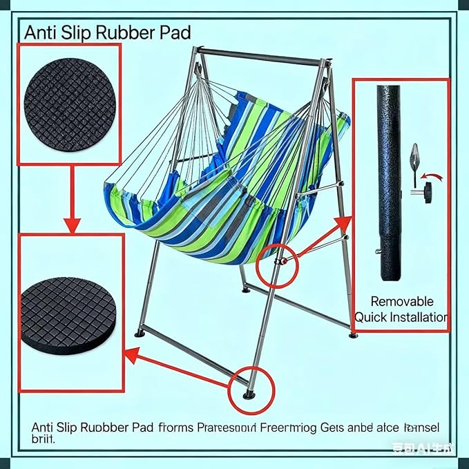 Hammock Chair Stand with X-Large Swing Chair with Footrest,Anti-Tip Thickened Weather-Resistant Iron Pipe Swing Frame, 450Lbs Stand Capacity Quick Assembly for Indoor Outdoor (Green Stripe)