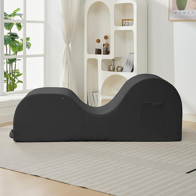 ijuicy Sleek Chaise Lounge Chair for Exercise, Indoor Lounger with Headrest, Waist Cushion, Movable Footrest, Side Pockets, Non-Slip Bottom, High Density Sponge, Dark Grey