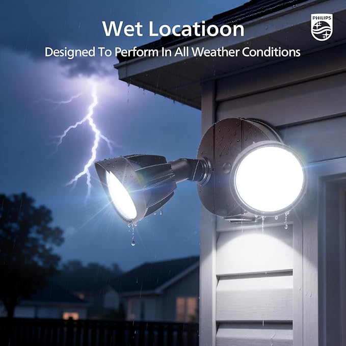 Philips 44W 3500LM LED Security Flood Light Outdoor,Switch Controlled Aluminum Security Light, 2 Adjustable Heads,5000K Daylight,Wet Location for Patio, Garden, Yard Lights