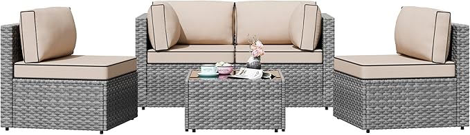 Shintenchi 5 Pieces Outdoor Patio Furniture Sets, Patio Sectional Sofa Couch, Gray PE Wicker Furniture Modular Patio Conversation Sets Patio Sofa with Washable Cushions & Table(Khaki)
