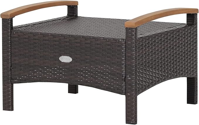 Tangkula 2 Piece Patio Rattan Ottomans, Outdoor Wicker Footstool w/Acacia Wood Handles, Soft Zippered Cushions, 3-in-1 Function Footstool Seat & Side Table for Backyard, Balcony, Poolside (Red)