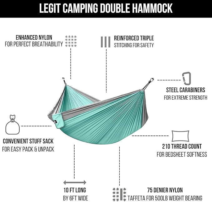 Legit 2 Person Camping Hammock - Double Tree Hammock - Portable & Heavy Duty - Perfect for Outdoor & Travel