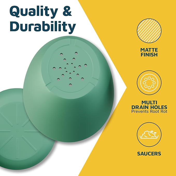 Mint Plant Pots with Drainage Holes & Saucers 3 Pack, Indoor & Outdoor Stackable Space-Saving Planters for Houseplants & Flowers, (7", 6.7", and 6" Inches), Durable & Weatherproof Materials