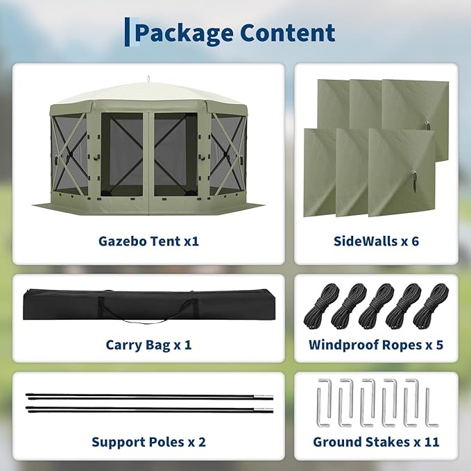 13x13FT 6-Sided Pop Up Gazebo Tent,One-Push Setup Canopy Tent with Removable Canopy Top & Wind Cloths, Outdoor shelter for Camping, Backyard Parties, Outdoor Events - Army Green