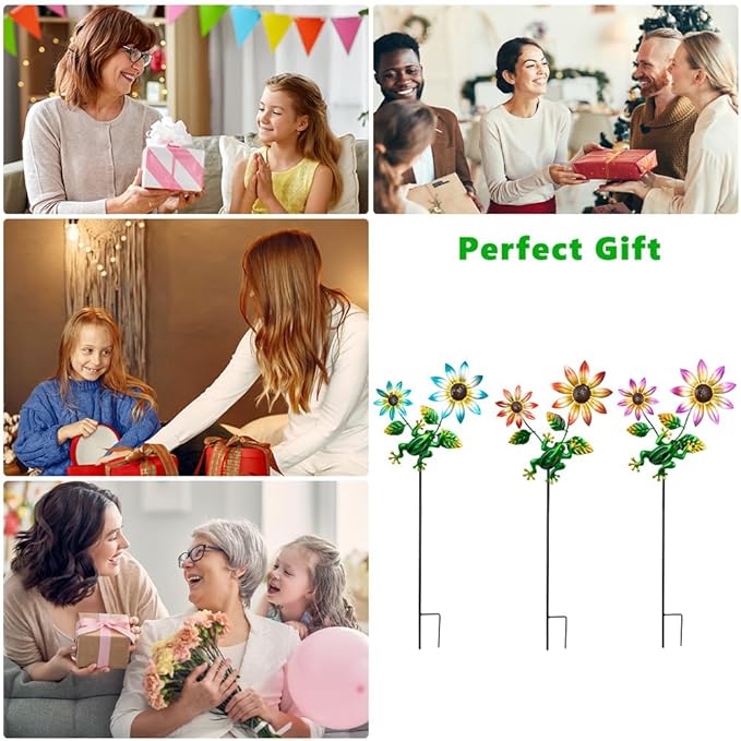 3 Pack Frog&Flowers Garden Stakes Decor,Metal Yard Art Decorative Garden Stakes,Metal Flowers Spring Outdoor Decor for Mom,Women,Grandma