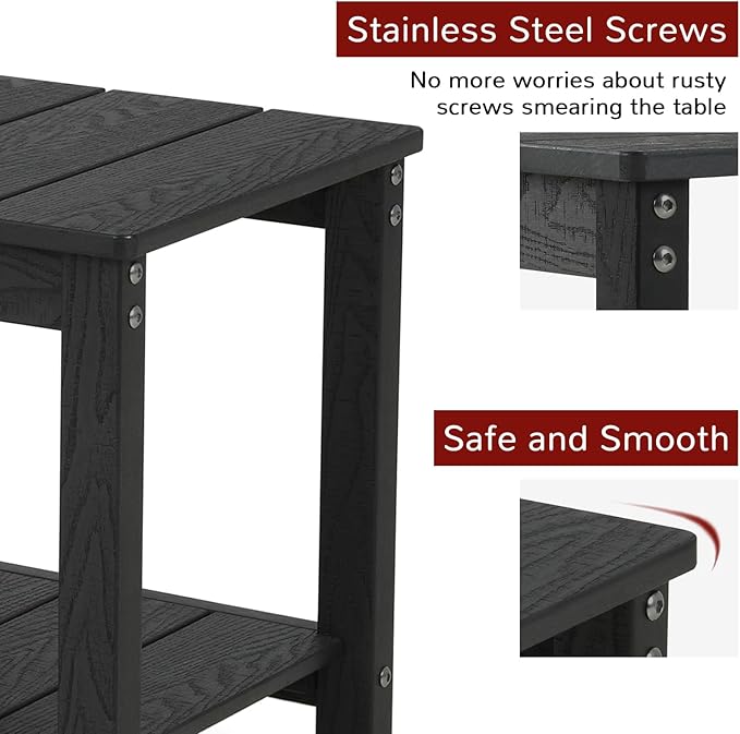 Stoog Outdoor Side Table with 2 Layer Storage, All-Weather Rectangular End Table, Low Maintenance, Black
