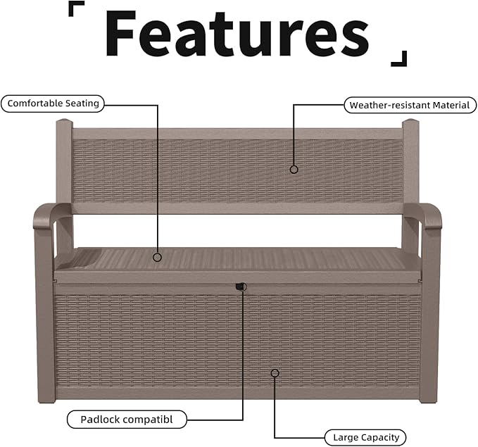 Storage Bench 80 Gallon Resin Deck Box, Gray, Lock-Ready