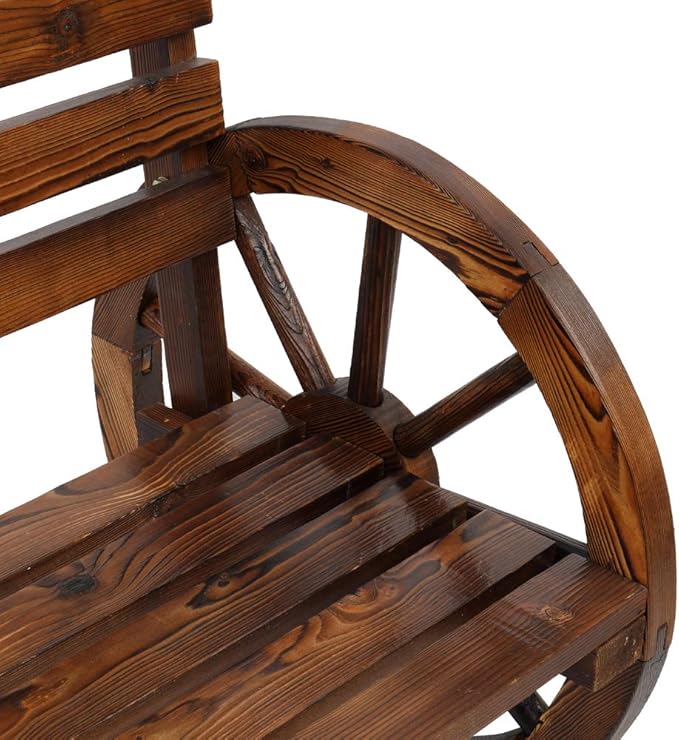 Outvita Wooden Garden Bench, Outdoor Rustic Wagon Wheel Bench with Armrest & Fir Construction for Garden Porch Backyard Patio Park, Seats 2 Person Carbonized