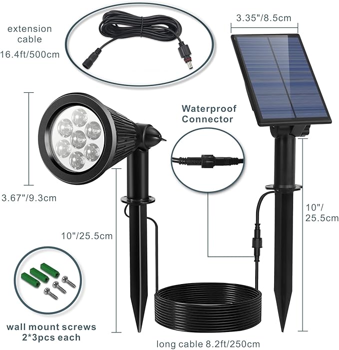 Solar Spotlight Outdoor, Spot Light with Separate Solar Panel & 24.6ft Long Waterproof Cable, Bright 7-LED Ground Flag Pole Light, Dusk-to-Dawn Landscape Lighting for Flag, House, Tree, Garden (White)