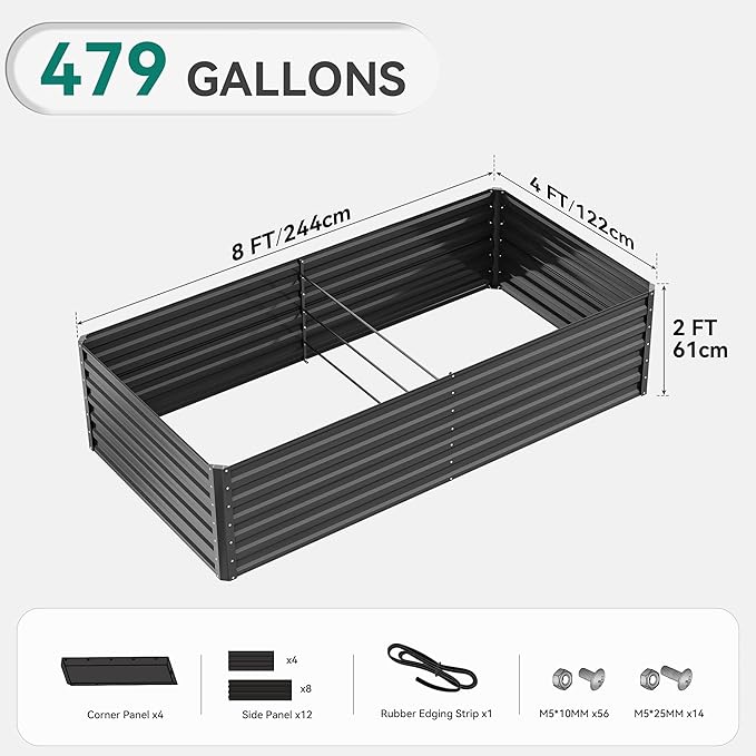 YITAHOME 8x4x2 ft 4pcs Galvanized Raised Garden Bed Kit, Large Metal Planter Box with Gloves, Safety Rubber & Support Rod, Outdoor Flower Bed for Plants Vegetables, Black
