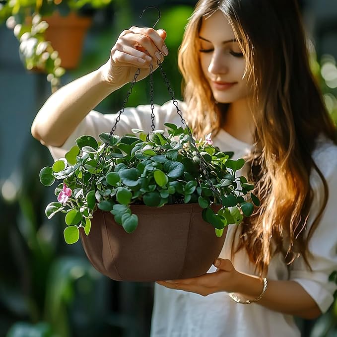 T4U Hanging Planters for Outdoor Plants, 10 Inch 6 Pack Fabric Hanging Baskets with Drainage Tray, Decorative Hanging Pots for Plants Outdoor Patio Porch Garden Use(Brown)