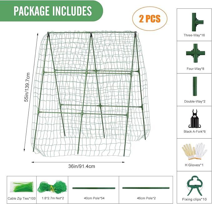 55" H x 36" W Cucumber Trellis for Raised Bed Garden, Cucumber Trelli for Climbing Plants Outdoor,A-Frame Vegetable Grow Supports, Tomato Plant Support for Tomato Squash Zucchini (1PC)