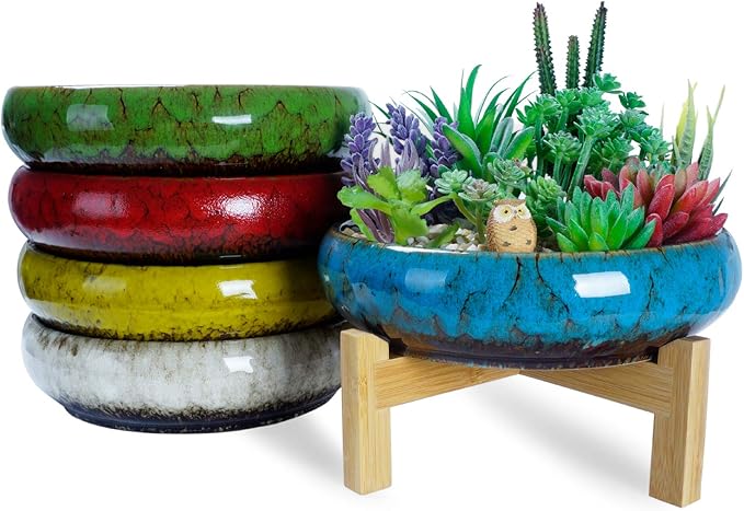 ARTKETTY Succulent Pots with Drainage - Large Succulent Planters with 2.2lb Mix Horticultural Lava Rock Pebbles, Planting Tools Set for Beginner- Shallow Bonsai Pot Ceramic Cactus Flower Plant Pot