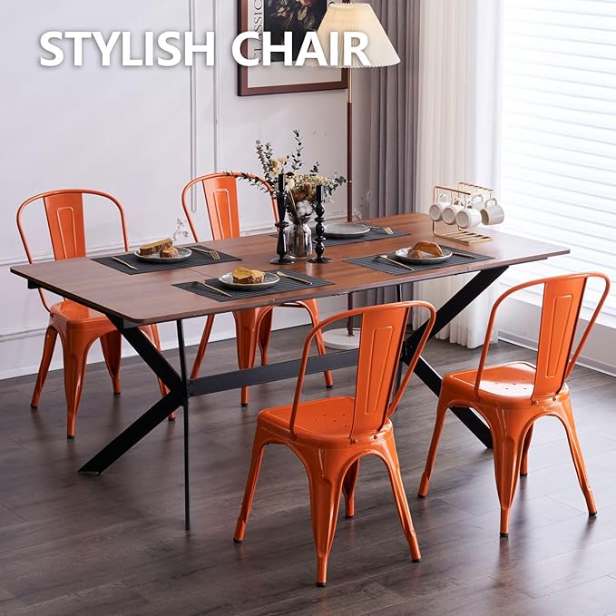 Patio Dining Chairs Set of 4, Orange Metal Farmhouse Style with Rubber Feet