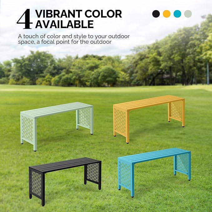 VINGLI 40in Outdoor Metal Bench, All-Weathe Backless Patio Bench with Slatted Seat&Floral Side Panels, Rust-Resistant Garden Bench, Weatherproof Outdoor Seating for Porch Entryway Backyard (Yellow)