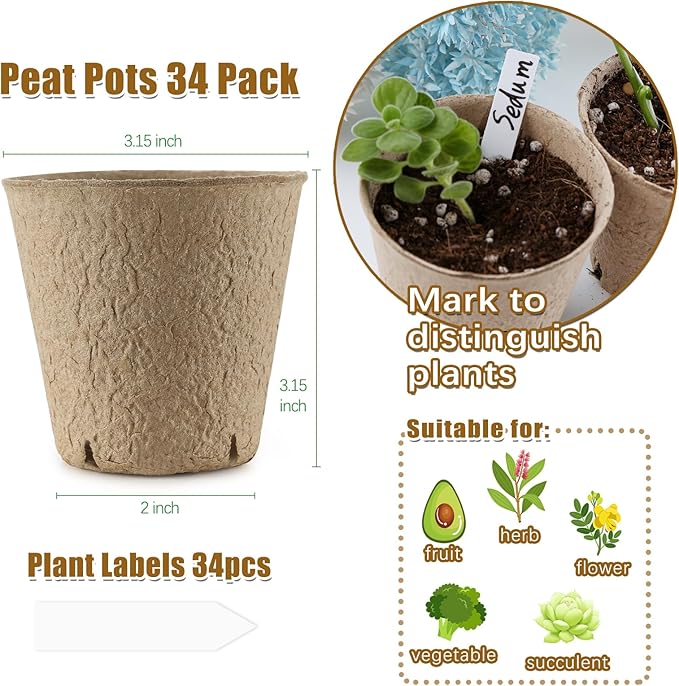 REMIAWY Peat Pots, 34 Pack 3.15 Inch Biodegradable Planting Peat Pots for Seedlings, Garden Plant Seed Starter with Drainage Holes Seed Starting for Organic Vegetable Flower, Bonus 34 Plant Labels