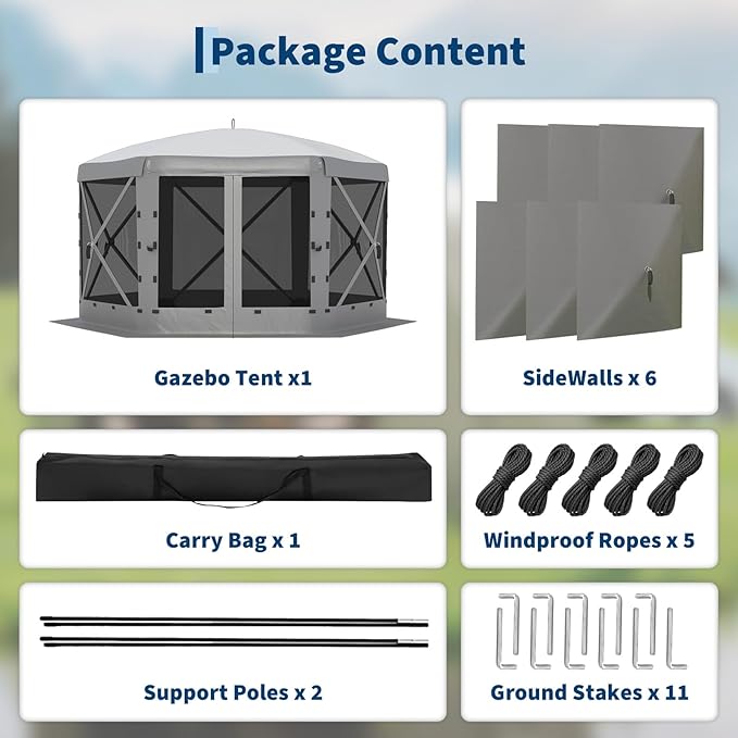 13x13FT 6-Sided Pop Up Gazebo Tent,One-Push Setup Canopy Tent with Removable Canopy Top & Wind Cloths, Outdoor shelter for Camping, Backyard Parties, Outdoor Events - Grey